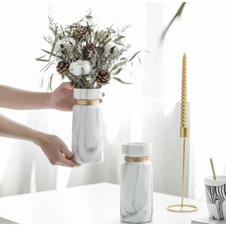 Elegance Marmor Vase Marbl - Elegante und Dekorative Blumenvase aus hochwertigem Keramik mit Marmor-Optik und Goldenem Ring