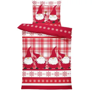 one-home Flausch Bettwäsche 135x200 cm Wichtel Christmas kariert rot Winter Thermofleece