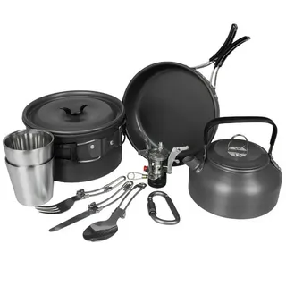 Black Snake Geschirr-Set Camping Kochgeschirr Set 10-teilig für 1-2 Personen (10-tlg), 2 Personen, Aluminium, Kompaktes Kochset mit Topf, Pfanne, Kessel und Besteck schwarz|silberfarben
