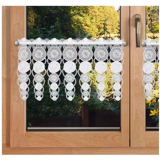 SeGaTeX home fashion Feenhaus-Spitzengardine Marthe weiß | aufwändig gestickter Kurz-Scheibenhänger Vogtländische Luftspitzenstickerei | Fensterdeko in modernem Landhaus-Stil Höhe x Breite 30 x 166