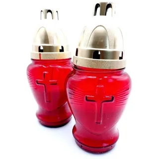 meytrade Grabkerze 2x kleines Grablicht mit Kerze Grabdeko aus Glas in rot gold (2er Set), Grablicht für den Friedhof rot