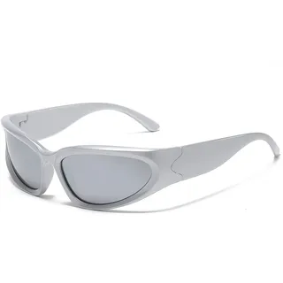 YAMEIZE Sport Sonnenbrille für Damen Herren-Y2k Vintage Futuristische Fahrradbrille Radsportbrillen Golf Brille UV400 Schutz SilberRahmenSilber - M