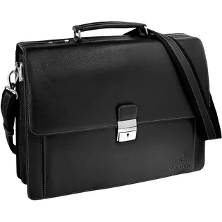 Fa.Volmer ® Leder Umhängetasche Herren Groß - Businesstasche, Bürotasche, Dokumententasche - Laptopfach 15,6 Zoll | (Schwarz) - XL