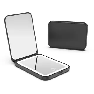 Kintion LED Taschenspiegel, 1X/3X Reisespiegel mit licht, Wiederaufladbarer Taschenspiegel, 3 Farbtemperatur Taschenspiegel Klappbar, Dimmbar, Kleine Handtaschenspiegel Frauen als Geschenk, Schwarz