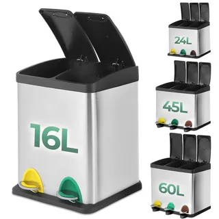 Jago® Mülleimer – 16/24/45/60 L - 2 oder 3 fächer, Edelstahl, mit Inneneimer, Handgriff, Deckel, für Küche-Abfalleimer, Mülltrenner, Mültrennsystem, Abfallsammler, Treteimer (16 Liter (2 x 8L))