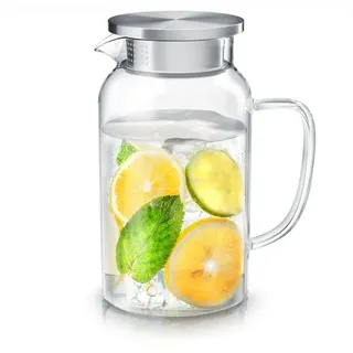 Arendo Karaffe Glaskaraffe mit Deckel aus lebensmittelechtem Edelstahl, Borosilikatglas, 1450 ml, Sieb, hitze- und kältebeständig, BPA-frei weiß 1450 ml