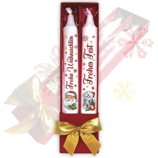 2er Set Weihnachtskerzen – Frohe Weihnachten & Frohes Fest - in Geschenkverpackung mit Schleife | Sprüche auf Spitzkerzen Stabkerzen Kerzen mit Tattoofolie im Geschenkset