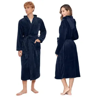 Rungassi Unisex-Bademantel Fleece Unisex Bademantel Morgenmantel mit Kapuze Blau 8209 Größe: L-XL, Kapuze, Gürtel blau L-XL