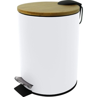 helit H2404405 - Tret-Abfallbehälter „the bamboo“, 3 Liter, mit Bambus Deckel, Behälter aus Metall, leise schließend, weiß, 1 Stück