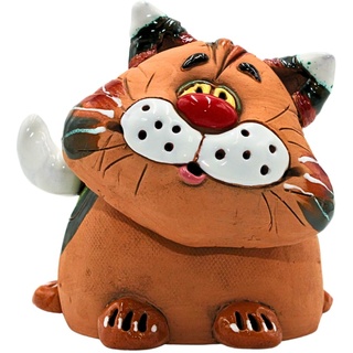Keramik Spardose als Katze - Sparkatze - Sparfigur - Sparbüchse, handgemachte Sparkatze mit roter Nase, Größe: L/B/H ca. 10 x 12 x 13 cm
