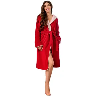 KLASBROOK® Lina Bademantel Damen mit Kapuze aus 100% Baumwolle, Größe M, Rot, Tasche mit Reißverschluss, Luxus Bademantel lang, Frottee, flauschig und saugfähig, OEKO-TEX 100 zertifiziert - M