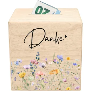 Trinkgeldkasse Wildblumen Danke Spardose aus Holz als Kaffeekasse | Personalisiert, massives Holz, 10 x 10 x 10 cm, Kaffeekasse für Trinkgeld, Sparkasse & Spendenkasse