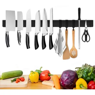 [Verbesserte 60cm]Trhillsbrad Magnetleiste Messer, 60cm Messerhalter Magnetisch mit 3 Haken Edelstahl Messerleiste Selbstklebend, Schwarz Wandhalterung Magnetleiste Ohne Bohren Messerhalter