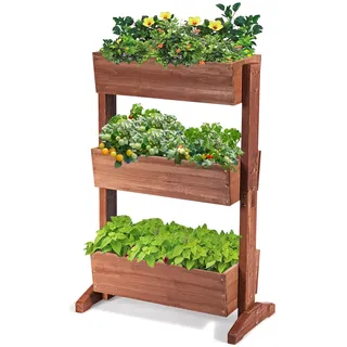 GOPLUS 3 Etagen Hochbeet, Blumenbeet aus Tannenholz, Blumentreppe mit 3 Blumentrögen & Ablauflöchern, Pflanzbeet für Garten Balkon Terrasse (71 x 38 x 105 cm)
