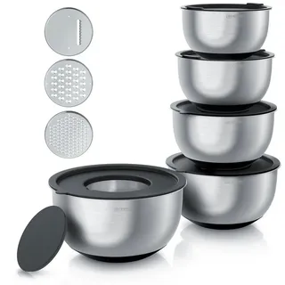Arendo Salatschüssel 5er Set mit Deckel, Edelstahl Salatschüsseln 1,6 bis 5 L, Rührschüssel, Edelstahl, (Set, 5-tlg), Edelstahlschüssel, 3 Reibaufsätze spülmaschinengeeignet, BPA-frei silberfarben