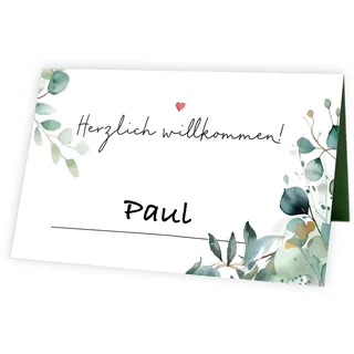 TOBJA Tischkarten Hochzeit Eukalyptus Design, 50 Stück | Stilvolle Platzkarten | Herzlich Willkommen Namenskärtchen | Leicht Beschriftbar - Namensschilder