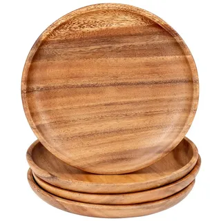 levandeo 4er Set Runde Teller Akazie Ø20cm Holzteller Snackteller Akazienholz Dekoteller Handgefertigt Deko Unikat Tischdeko Ablage