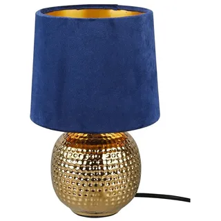 Reality Leuchten LED Nachttischlampe, Dimmfunktion, LED wechselbar, Warmweiß, kleine ausgefallen-e Samt Lampenschirm dimmbar Blau Gold-en, Höhe 26cm blau|goldfarben