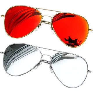 KANASTAL 2er Set Groß Polarisiert Sonnenbrille Herren Damen Verspiegelt mit Premium Metallrahmen UV400 Schutz, Silber Rahmen Silber Gläser und Gold Rahmen Orange Rot Gläser - Einheitsgröße