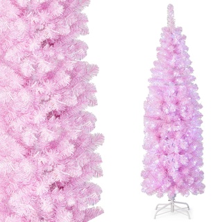 COSTWAY 180cm Künstlicher Weihnachtsbaum Bleistift, LED beleuchteter Tannenbaum mit 250 kaltweißen LEDs, schlanker Christbaum Weihnachten, Kunstbaum mit Metallständer, Rosa