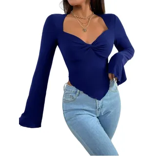 Rongseng Damen Langarmshirt Sweetheart Ausschnitt Oberteil Elegant Langarm Crop Top Sexy Fitted Tees Shirt Twist Front Asymmetrisches Langarm Pullover Trendy Casual Longshirt Bluse Rüschen Streetwear - M