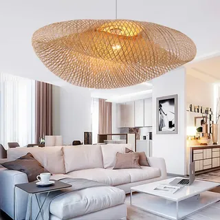 COCOL Vintage Rattan Lampe Wohnzimmer Pendelleuchte E27 Hängeleuchte Bambus Retro Deckenlampe Industrial Lampen Pendellampe Design Höhenverstellbar Kronleuchter Esszimmer Studie Cafe Leuchten,50cm