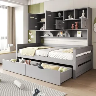 Schlafsofa 90 x 200 cm mit Stauraum über dem Bett, 2 großen Schubladen, 15-Latten-Lattenrost, bis 150 kg, Kiefernholz/Sperrholz/MDF, Grau - Grau