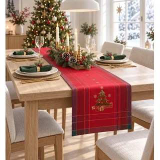 KAMACA Tischläufer 40x140 cm Weihnachtsbaum Stickerei Weihnachten Rot Deko | Festlicher Tischläufer mit Weihnachtsbaum-Stickerei, 40 x 140 cm, 100 % Polyester, farbecht, robust und waschbar bei 40 °C