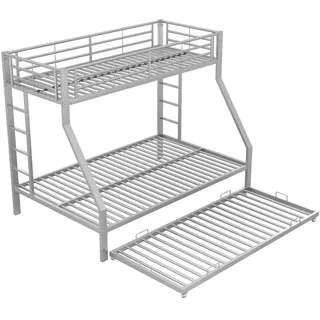 Merax Etagenbett für Erwachsene, Metallbett Hochbett mit ausziehbarem Bett 90x200cm/140x200cm/90x190cm, silbern