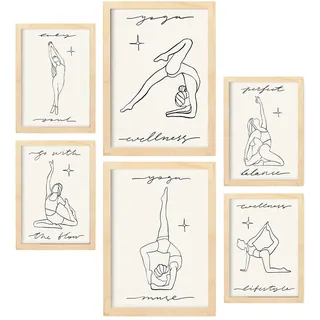 POSTER Set Mit 6 Yoga Musen 3 A3 & A4 Rahmen Aus Hellem Holz
