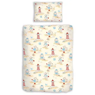 DOBNIG Babybettwäsche Renforcé Kinderbettwäsche 2tlg. 100x135 cm Leuchtturm & Tiere, Renforcé, 2 teilig, Kinderbettwäsche-Set Leuchtturm süße Tierfiguren maritim herbst winter beige