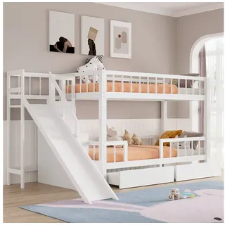 Flieks Etagenbett, Kinderbett Etagenbett mit 2 Schubladen, Rutsche und Treppe 90x200cm weiß