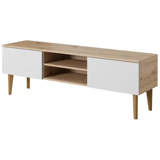 PAWS MEBLE Bergen RTV 150 2D Eiche Artisan/Weiße Front – Skandinavisches TV-Lowboard 150 cm – Push-to-Open – Holzfüße – 2 Klapptüren + Mittelregal