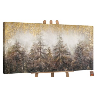 YS-Art Gemälde Morgen's im Wald, Landschaft, Baum Wald Tannen Leinwand Bild Handgemalt weiß