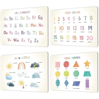 4er Set Lern Tischset Platzsets abwaschbar Kinder - ABC Alphabet Deutsch Zahlen - Platzdeckchen rutschfest Antirutsch - Wetterfest waschbar Plastik Lernen Tischsets aus Kunstleder - Buchstaben Mathe