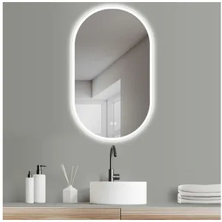 HOKO Badspiegel LED Design Antibeschlag Wandspiegel Oval + LED Wechsel (Warmweiß - Kaltweiß - Neutral. Licht mit Touch Schalter und mit Wandschalter einschaltbar. Memory-Funktion.IP44, 4mm HD Glass) weiß 60 cm x 100 cm