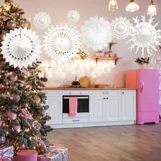 DARENYI 12 Stück Papiersterne zum Aufhängen Weiß Paper Schneeflockendekorationen Papier Weihnachtsdeko Weiß Papier Schneeflocken Weihnachtsdeko für Neujahr, Weihnachten, Heimdekoration