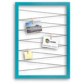 CLAMARO Bilderrahmen Collage Flex, 70 x 90 cm, Türkis, mit 20 Holzklammern | MDF-Holzrahmen vollummantelt, vorgespannte Gummileine, Echtholz-Fotoklammern, Wandaufhänger, für Fotos, Postkarten, Notizen