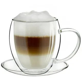 Creano Teeglas Thermo Tasse mit Untersetzer “bauchig” 400ml; einzel, 2-tlg., Borosilikatglas, 1 Tasse mit Untertasse weiß