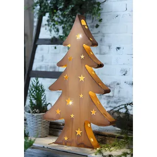 Dekoleidenschaft Dekofigur Tanne aus Metall mit Echtrost und LED Beleuchtung, 80 cm hoch, Winterdeko, Leuchtdeko, Gartendeko für Draußen, Weihnachtsdeko, Rostfigur, Tannenbaum