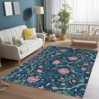 Generisch Teppich Traditionell Elegant Blumen Drucken, Blau Rosa Kurzflor Extra Weich Pflegeleicht 160 x 230 cm Teppiche für Schlafzimmer Jugendzimmer - Utschfest Maschinenwaschbar