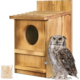 Super Idee Eulenhaus Großer Eulen-Nistkasten aus Holz für Schleiereule Waldkauz Streifenkauz Waldohreule Bartkauz Käuzchen Nistkasten für Vögel Rustikale Gartendekoration Vogelhaus