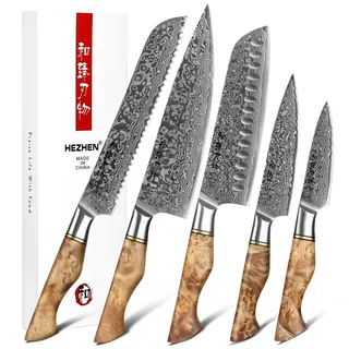 HEZHEN Damast Messer Set 5PCS, Japanischen Stil Damaskus Stahl Küchenmesser Santoku, Brot Universalmesser Schälmesser, Holzgriff