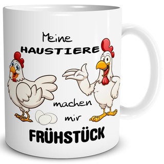 TRIOSK Hühner Tasse mit Spruch lustig Haustier Frühstück Oster Eier Huhn Geschenk für Männer Frauen Hühnerliebhaber Ostern, Keramik 300ml