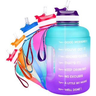 QuiFit 2.2 Liter motivierende Wasserflasche – mit Strohhalm und Zeitmarkierung, breiter Mund, BPA-frei, wiederverwendbar, ideal für Fitnessstudio, Zuhause und Büro (grün/lila, 2.2 Liter)