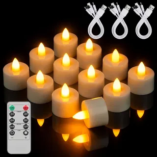 ropelux 12 Wiederaufladbare Teelichter mit Fernbedienung & Timer, Flackernde LED-Teelichtkerzen mit Ladestation für Weihnachten, Hochzeiten, Partys, Feste [Energieklasse A]