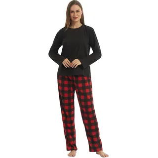 YUSHOW Schlafanzug Damen Lang Zweiteiliger Winter Pyjama Lange Oberteile Fleece Karierte Pyjamahose Hausanzug Kuschelig Frauen Weihnachts Lounge Set,Schwarz+Rot Kariert,S - S