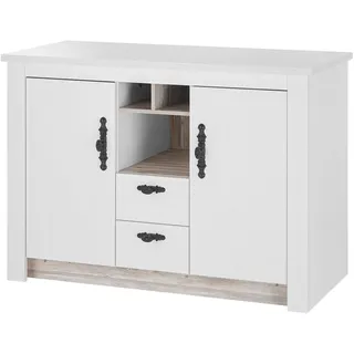 Spülenschrank HOME AFFAIRE "Florenz, Küchenunterschrank in Pinie Weiß, Unterschrank", weiß (pinie weiß), B:129cm H:92cm T:60cm, Schränke, Spülenschrank, mit verschnörkeltem Metallgriff, im Landhausstil, Arbeitshöhe 92 cm