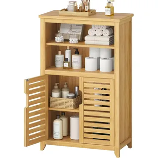VIAGDO Badezimmerschrank Bambus, Badschrank mit 2 offenen Fächern und 2 Lamellentüren, Küchenschrank, multifunktional Schrank für Badezimmer, Wohnzimmer, Küche, Flur, 50 x 92,3 x 29 cm (B x H x T)