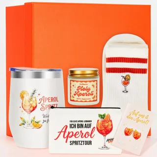 Rilcn Aperol Geschenkset für Frauen – Aperitif Geschenkidee mit Thermobecher, Socken, Kosmetiktasche & Duftkerze, Geschenk für Freundin, Beste Freundin, Geburtstag & Weihnachten